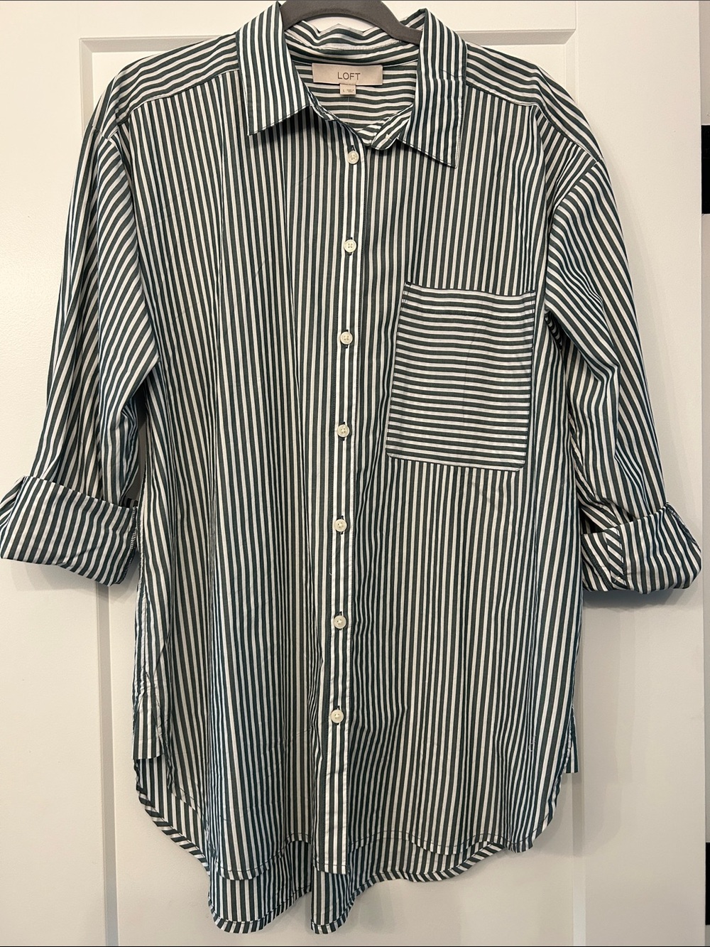 NWT LOFT Green & White Striped Collared Button-Up Shirt